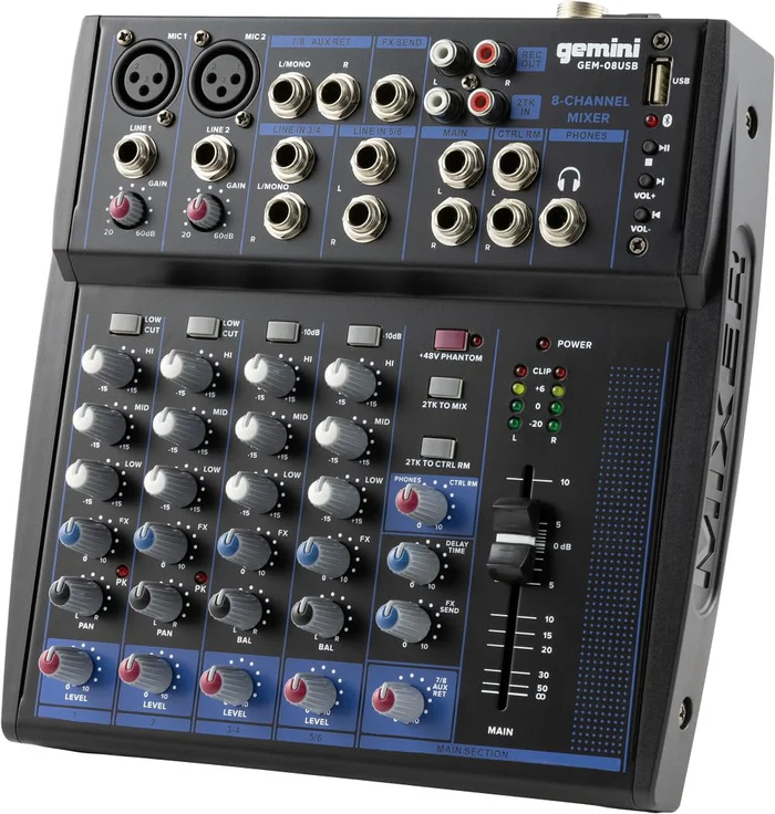 Gemini Sound GEM-08USB Compact 8 Channel Bluetooth Mixer - USB Playback (Black)
