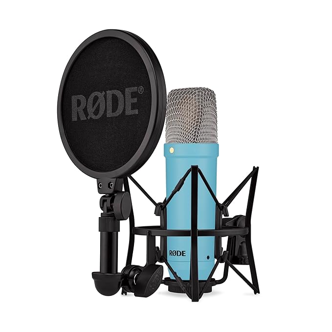 Rode NT1 Signature Series Large-Diaphragm Condenser Microphone with Shock Mount, Pop Filter and XLR Cable for Music Production, Vocal Recording, Streaming and Podcasting (Blue)