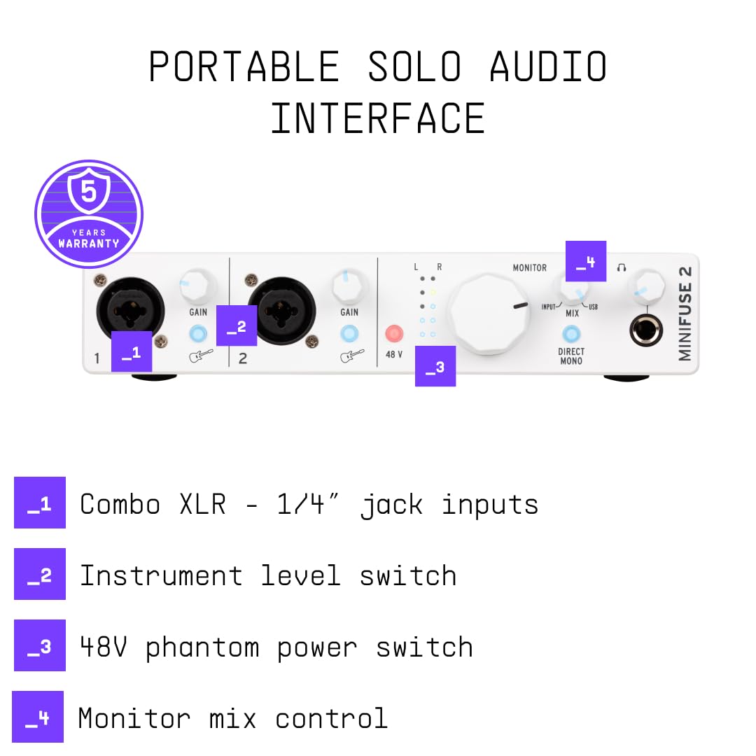 Arturia MiniFuse 2, 2in / 2out USB-C Audio Interface with 2 Mic/Line/Instrument Preamps, Built-in USB Hub, Loopback and Included Software Bundle - Mac/PC (White) - Image 3