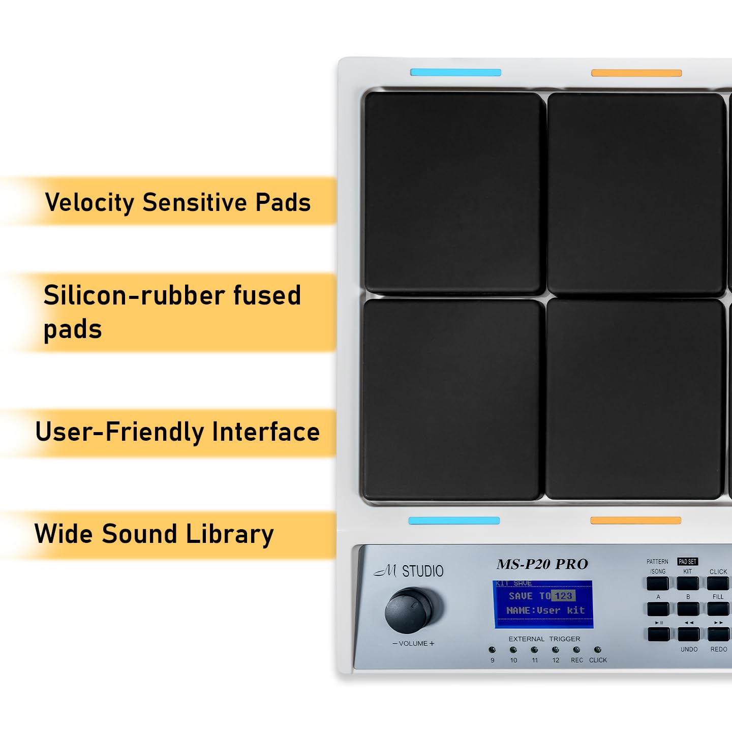 M Studio MSP20 Pro Professional Electronic Drum Pad, 8 Velocity-Sensitive Pads, LCD Display, MIDI Controller for Live & Studio Use – White - Image 4