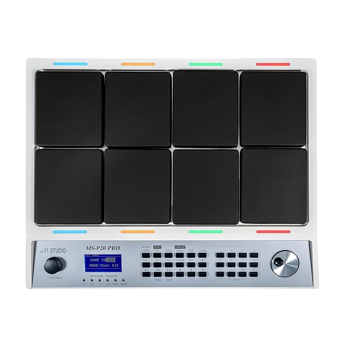 M Studio MSP20 Pro Professional Electronic Drum Pad, 8 Velocity-Sensitive Pads, LCD Display, MIDI Controller for Live & Studio Use – White