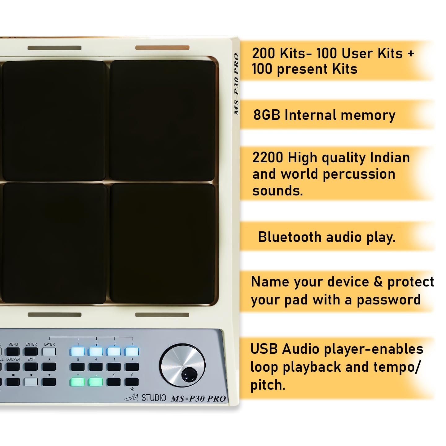 M Studio MSP30 Pro Electronic Drum Pad with 8 Velocity-Sensitive Pads, LCD Display, Built-In Sounds & MIDI Controller – Portable Digital Drum Kit (White) - Image 6