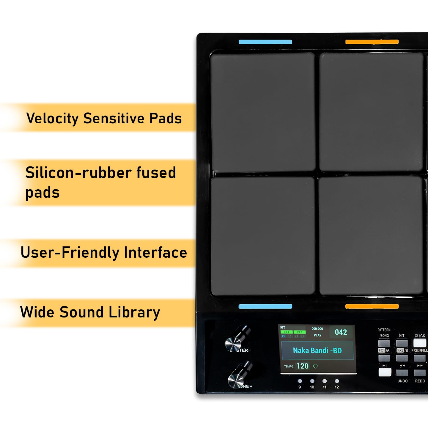 M Studio MSP30 Pro Electronic Drum Pad with 8 Velocity-Sensitive Pads, LCD Display, Built-In Sounds & MIDI Controller – Portable Digital Drum Kit (Black) - Image 5