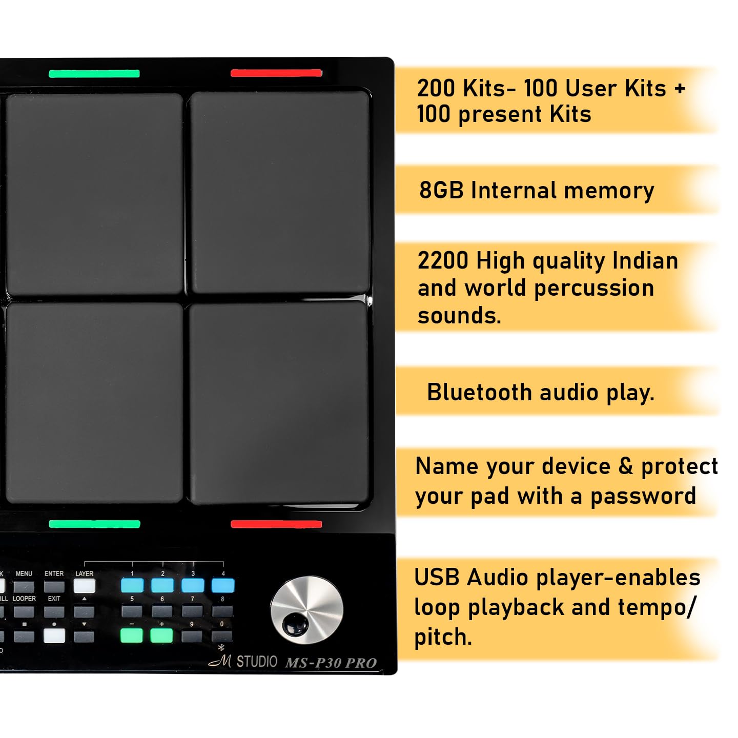 M Studio MSP30 Pro Electronic Drum Pad with 8 Velocity-Sensitive Pads, LCD Display, Built-In Sounds & MIDI Controller – Portable Digital Drum Kit (Black) - Image 6