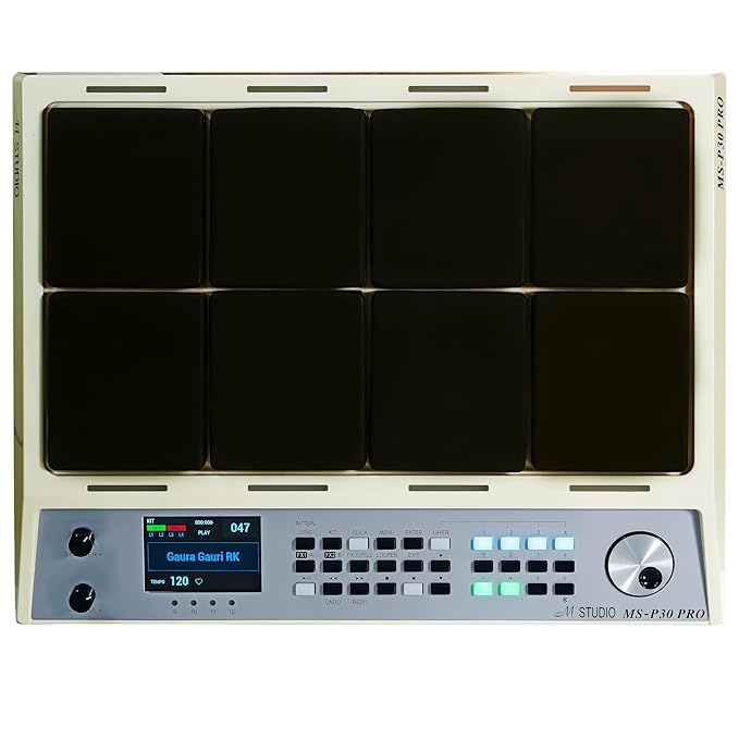 M Studio MSP30 Pro Electronic Drum Pad with 8 Velocity-Sensitive Pads, LCD Display, Built-In Sounds & MIDI Controller – Portable Digital Drum Kit (White)